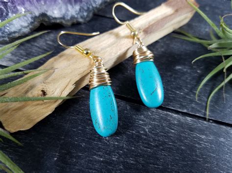 Wire Wrapped Turquoise Blue Dyed Howlite Teardrop Briolette Dangle