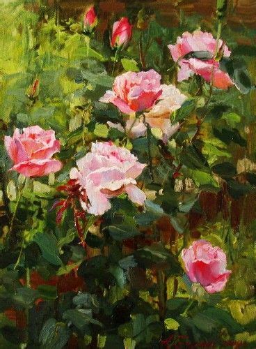 An Oil Painting Of Pink Roses In A Garden