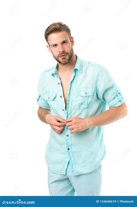 It Is Hot Here Man Handsome Bearded Guy Undressing White Background