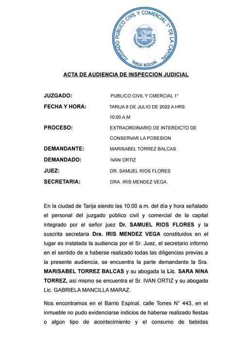 8 Acta De Inspeccion Judicial Acta De Audiencia De Inspeccion