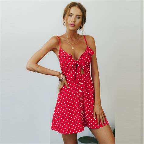 2018 Summer Polka Dot Print Spaghetti Strap Dress Sexy V Neck Sleeveless Sling Dress Bow Fashion