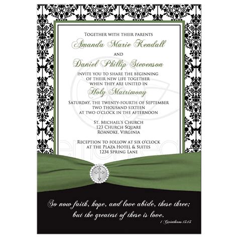 Christian Wedding Invitation Black White Damask Printed Clover