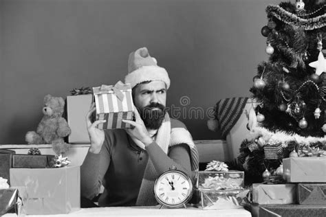 Santa Holds T Box Man With Beard And Curious Face Stock Image Image Of Present Decorated