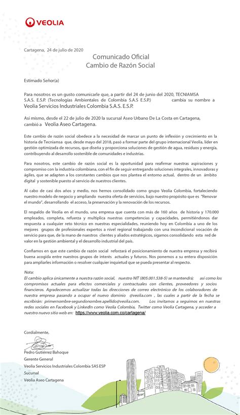 Carta Cambio De RazÓn Social Veolia Aseo Cartagena Veolia Colombia