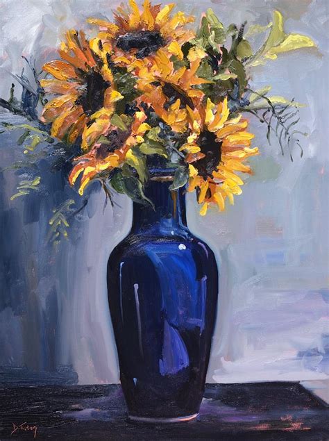 Sunflowers In A Blue Vase Painting By Donna Tuten Fine Art America