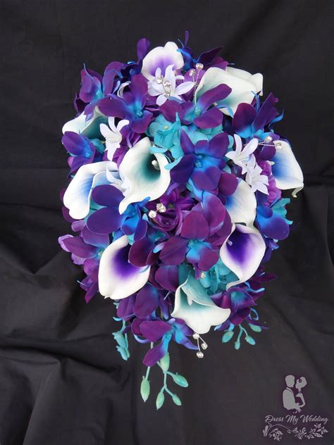 dress my wedding galaxy orchid bridal bouquet with purple teal and blue picasso callas