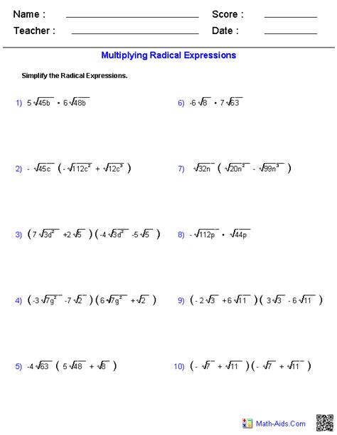 Multiplying Radical Numbers Worksheet