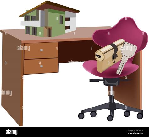 Illustration Of An Office Desk With A Key And House Model Stock Photo