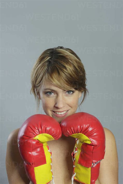 Woman With Boxing Gloves Portait Elevated View Stock Photo