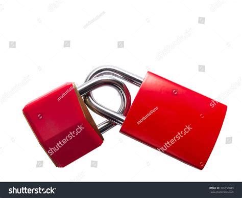 Two Red Padlocks Locked Together Isolated Stock Photo 376156849
