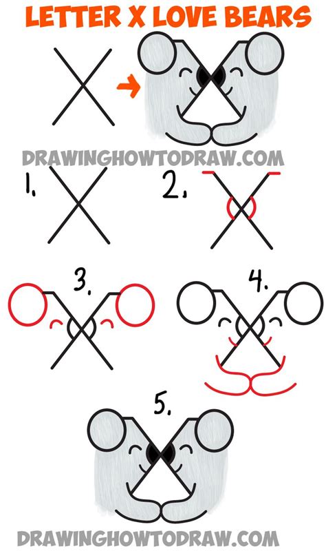learn how to draw two bears in love from the letter x easy step by step drawing lesson for
