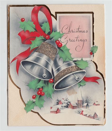 vintage glitter bells with ribbon and holly by village christmas greeting card vintage