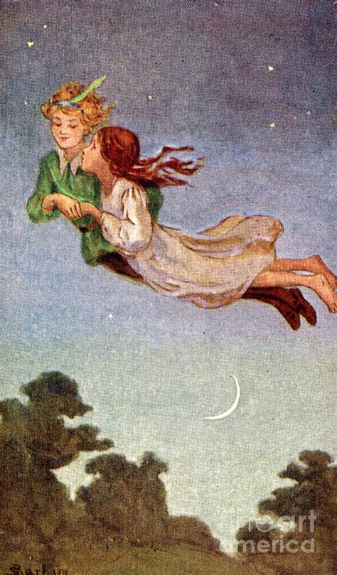 Peter Pan And Wendy Fly To Never Neverland Drawing By Mary Evans