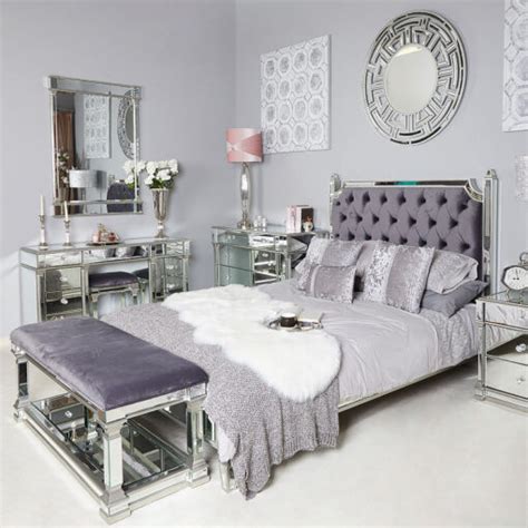 Athens Antique Silver Mirrored King Size Bed Frame With Velvet