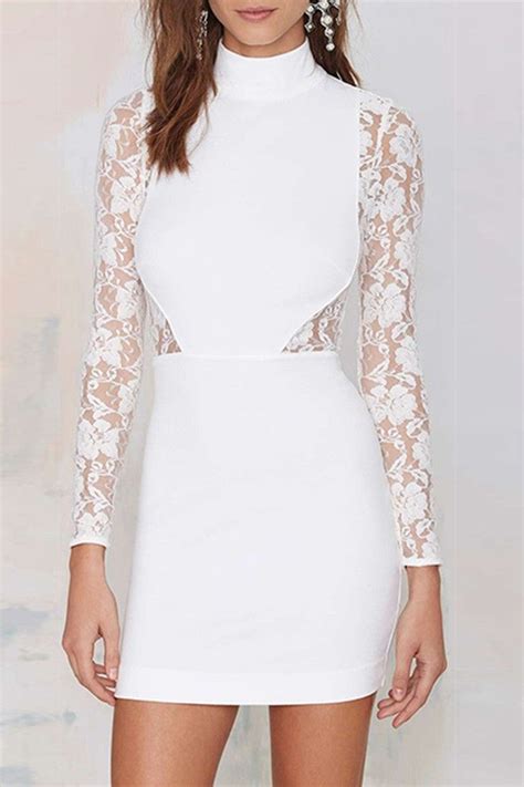 White Turtle Neck Lace Long Sleeve Bodycon Dress Lace Bodycon Dress