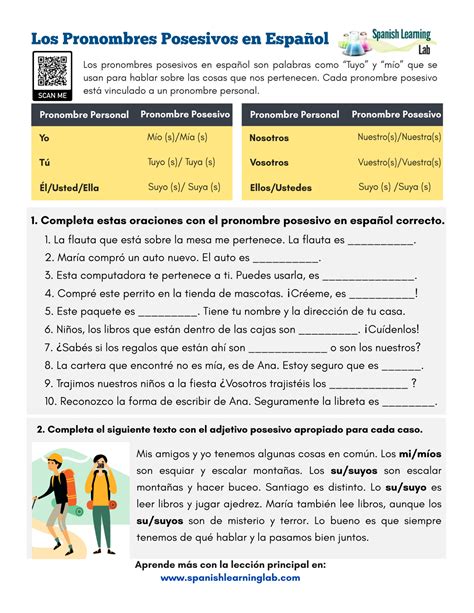Possessive Pronouns In Spanish PDF Worksheet SpanishLearningLab