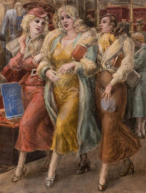 A Painting Of Three Women In Dresses And Furs Talking To Each Other On