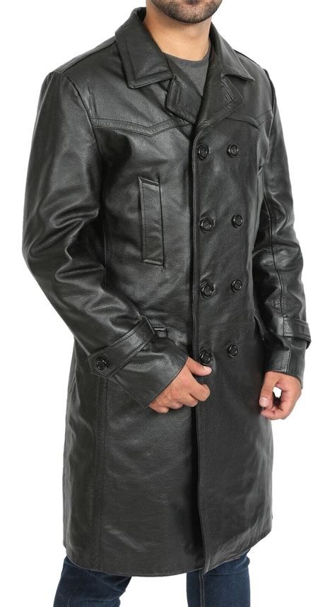 Mens Black Double Breasted Trench Leather Pea Coat 34 Long Classic