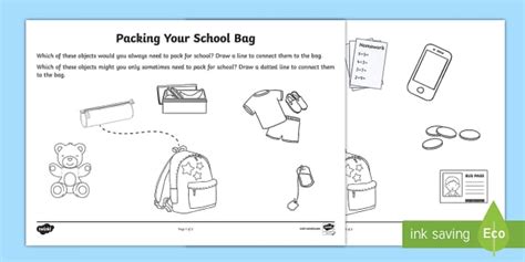Packing Your School Bag Worksheet Worksheet Twinkl