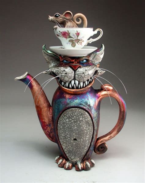 Teapot Cheshire Cat Raku Pottery Folk Art Sculpture By Face Jug Maker