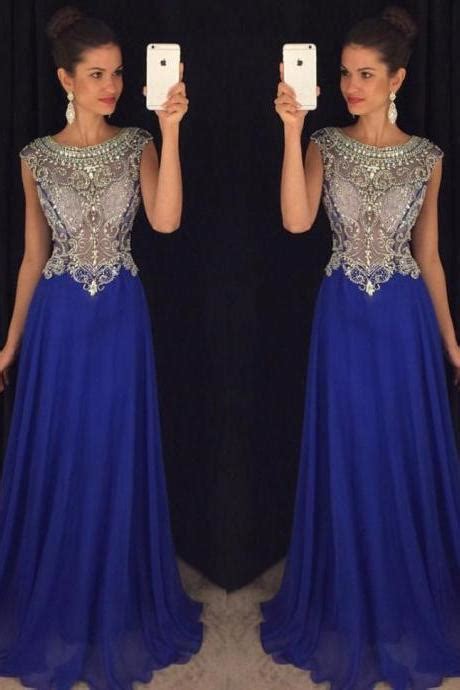 Royal Blue Beaded Prom Dresses Long Sexy V Neck Imported Party
