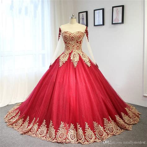 New Red And Gold Ball Gown Wedding Dresses With Long Sleeves Corset Non