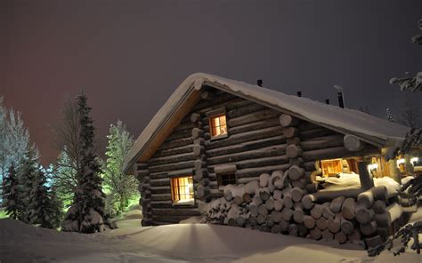 Wallpaper Winter Snow Drifts Log Cabin Wood Night Eating Winter