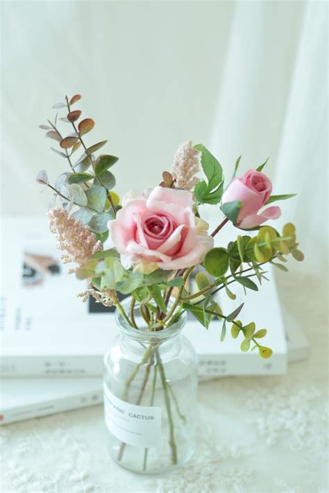 Silk Flower Arrangement In Small Glass Vase Pink Rose Floral Etsy