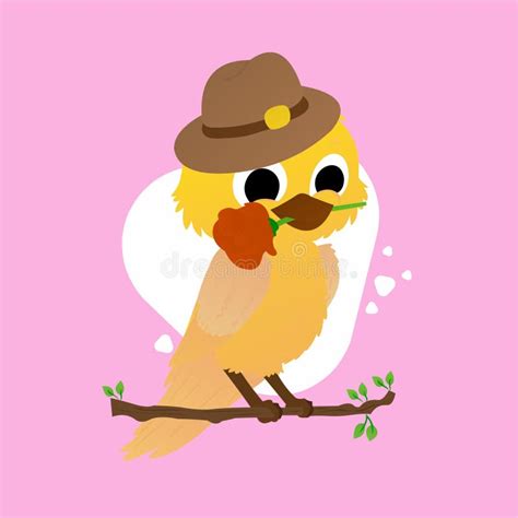 Stickers Of Yellow Birds Use Hat While Biting Flower Cartoon Cute