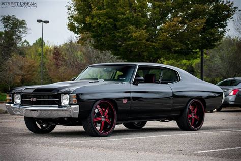 71 Chevelle Becausess Black With Red 5 Star Wheels Shaved Door
