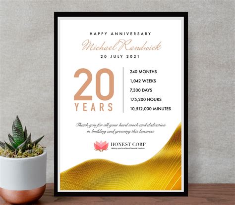 20th work anniversary print 20 year employee t work etsy