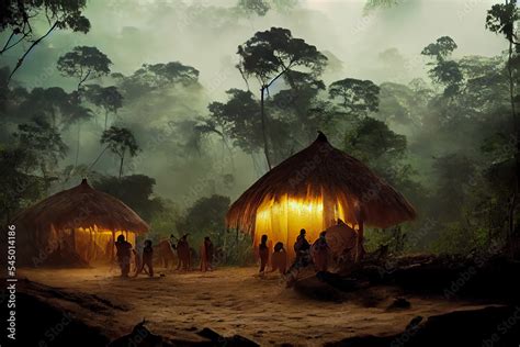 Indigenous Amazonian Tribe Huts In The Middle Of A Rainforest Ancient