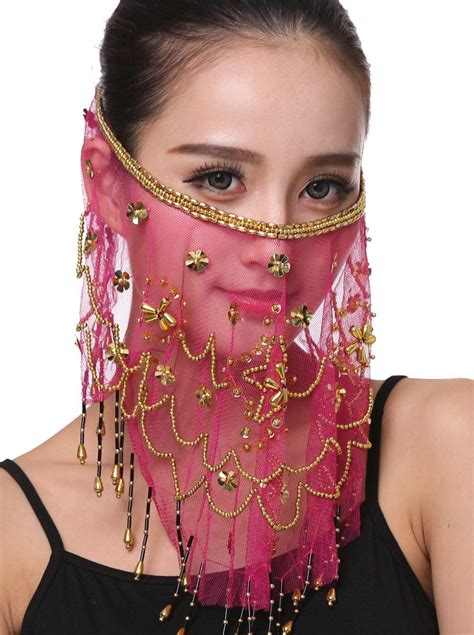 Lauthens Women Belly Dance Face Veil With Beads Sequins Halloween