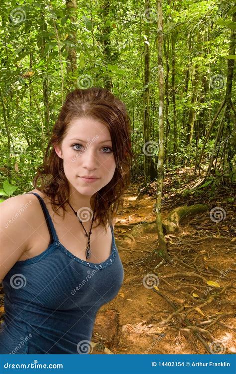 Pretty Woman Hiking In Forest Stock Photo Image Of Hiking Path 14402154