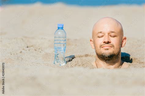 Buried Till Head Bald Man Suffering Of Thirsty Male In Desert Young