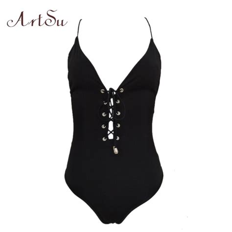 Artsu Sexy Sleeveless Backless Women Bodysuit Buttons Lace Up Solid Bodysuits Summer Jumpsuit