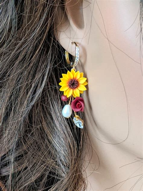 Sunflower Burgundy Rose Pearl Earring Sunflower Earrings Etsy In 2023