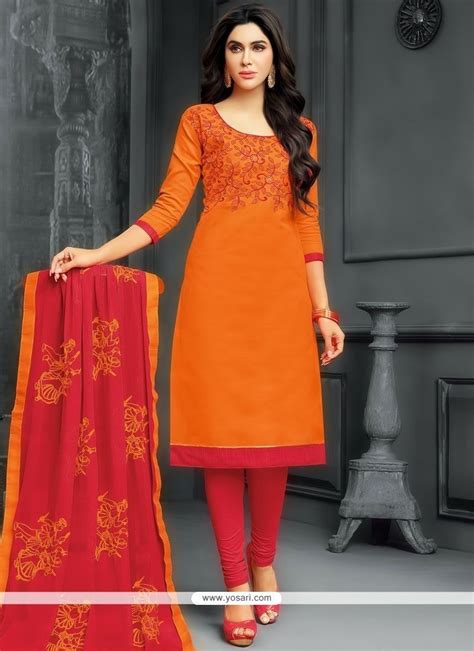 Cotton Orange Embroidered Work Churidar Suit Salwar Suit Neck Designs Dress Neck Designs