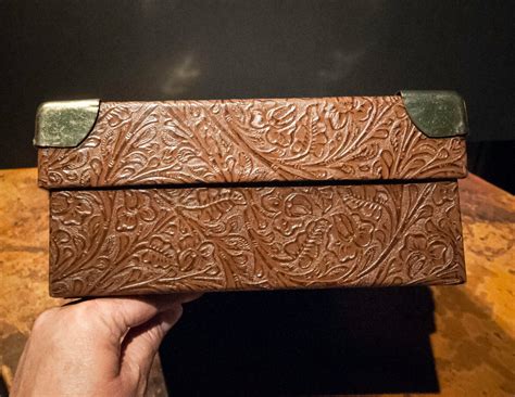 Embosed Faux Leather Box With Brass Corners