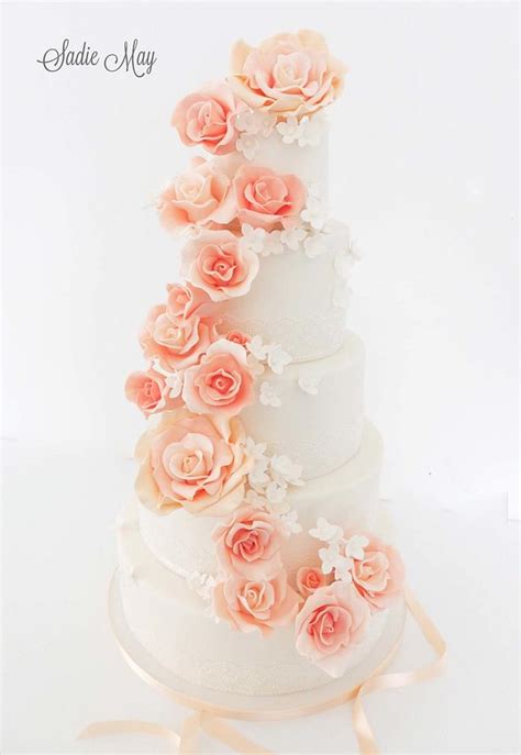 Peach And Ivory Rose Casade Wedding Cake Decorated Cake Cakesdecor