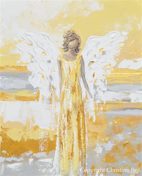 Original Angel Painting Guardian Angel W Gold Leaf Home Decor Wall Art