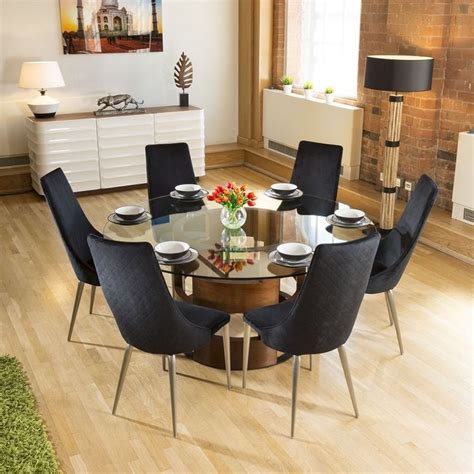 Round Glass Top Walnut Dining Table Set 6 Black Velvet Tall Chairs