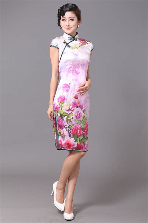 Brilliant Peony Flowers Silk Cheongsam Qipao Cheongsam Dresses Women