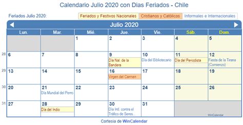 Calendario Julio 2020 Chile Con Feriados Para Imprimir