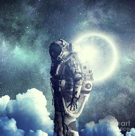 Astronaut Standing In The Clouds And Moon Behind Him Digital Art By