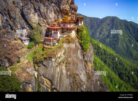 Tigers Nest Monastery Paro Taktsang Located High On A Cliff In Paro
