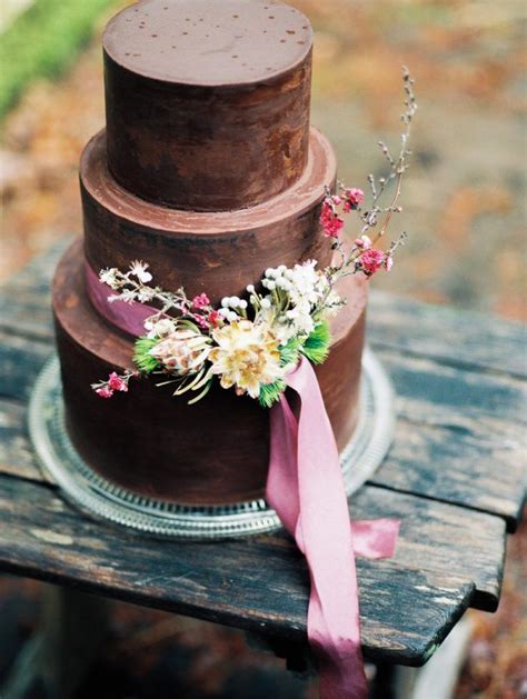 Dark Chocolate Wedding Cake With Woodsy Flowers By South Fork Cake