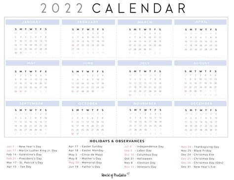Free Printable 2022 Calendar With Holidays