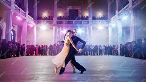 Premium Photo Couple Dancers Perform Waltz On Large Professional Stage Ballroom Dancing