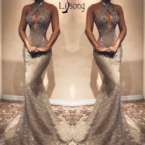 Gray Beaded Lace Mermaid Prom Dress Bust Hollow Backless Sleeveless